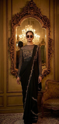 Neeta Lulla Summer Luxe '26 Pre-draped Concept Saree | Ebony Black - Ebony Black Pre-draped Concept Saree | Crepe & Tulle with Sequin, Cutdana & Crystal