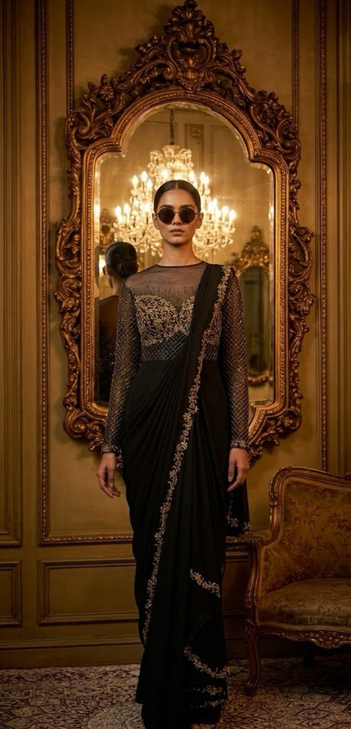 Neeta Lulla Summer Luxe '26 Pre-draped Concept Saree | Ebony Black - Ebony Black Pre-draped Concept Saree | Crepe & Tulle with Sequin, Cutdana & Crystal