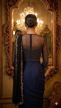Neeta Lulla Summer Luxe '26 Pre-draped Concept Saree | Ebony Black - Ebony Black Pre-draped Concept Saree | Crepe & Tulle with Sequin, Cutdana & Crystal