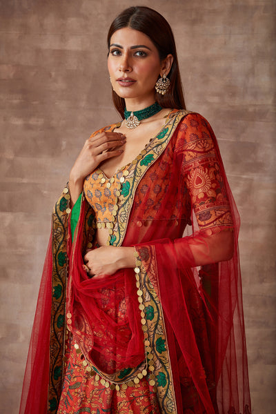 Bahareh- Kalam ki chamak lehenga set- Vermilion, Multicolored