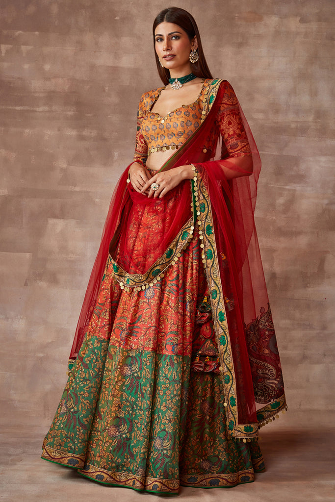 Bahareh- Kalam ki chamak lehenga set- Vermilion, Multicolored