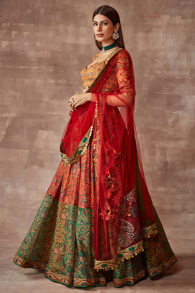 Bahareh- Kalam ki chamak lehenga set- Vermilion, Multicolored