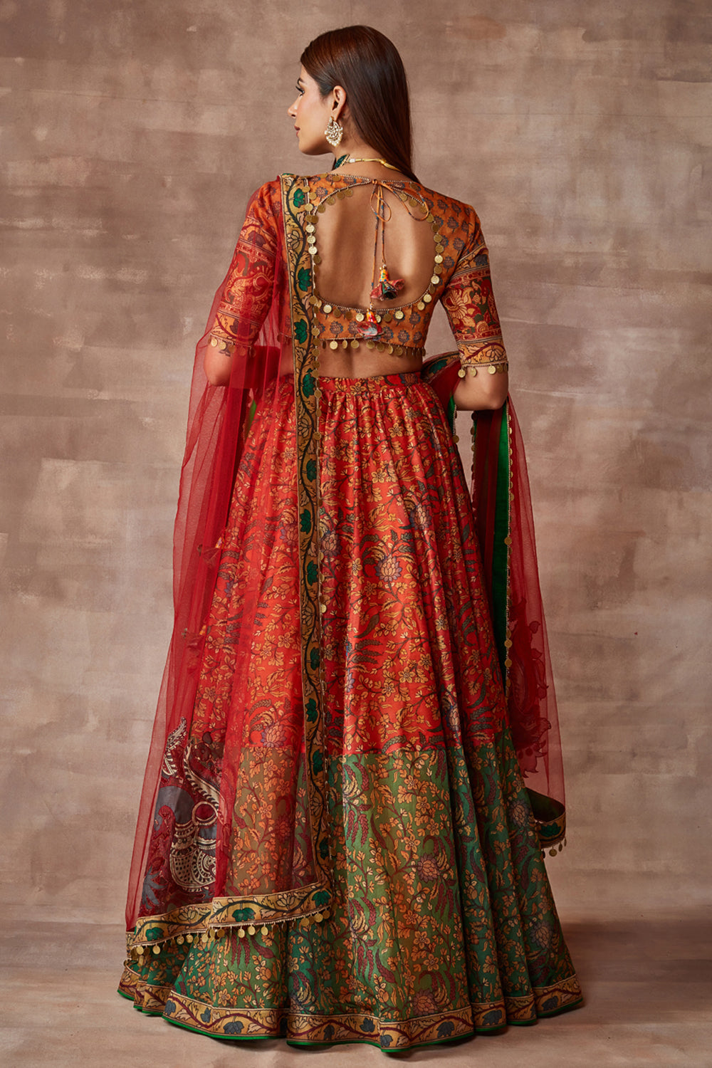 Bahareh- Kalam ki chamak lehenga set- Vermilion, Multicolored