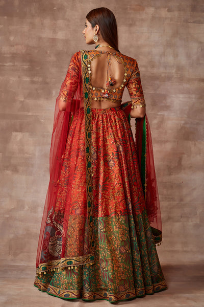Bahareh- Kalam ki chamak lehenga set- Vermilion, Multicolored